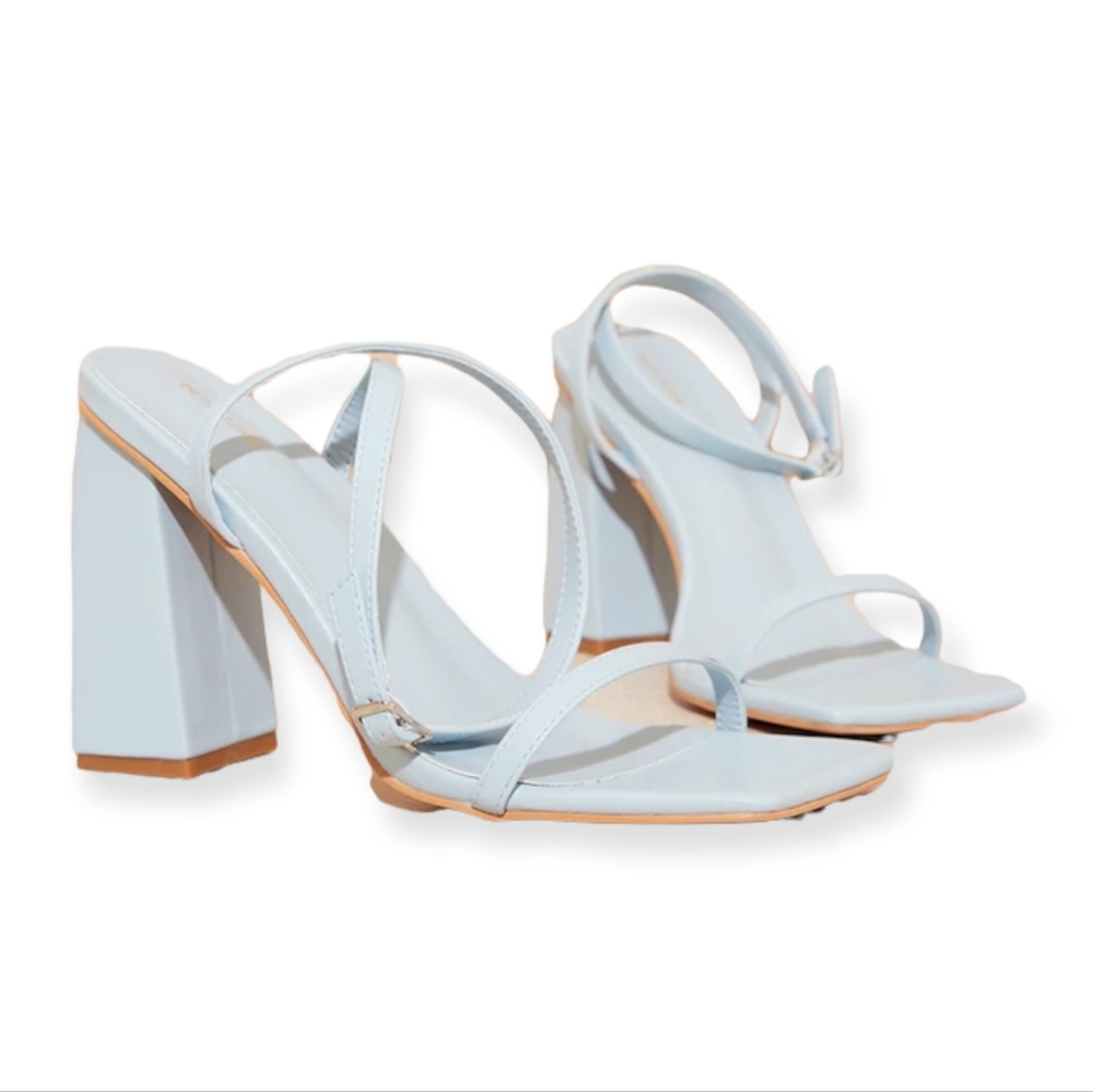 Blue PU Square Toe Barely There Block Heel Sandals